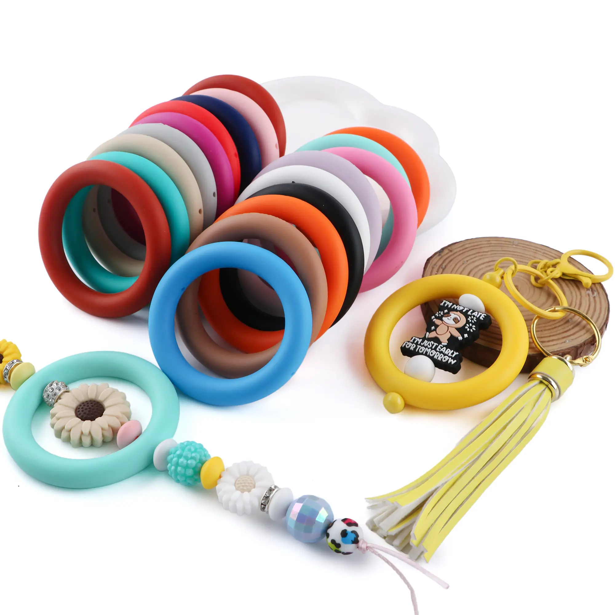 Unisex Modern 20Pcs Random Mix Colored Soft Silicone Beadable O-Rings - 65mm Round Shape 2-Hole Loops, Wash-Clean Easy Beads Charms Accessories for DIY Jewelry Craft, Car Hang Ready Ornaments