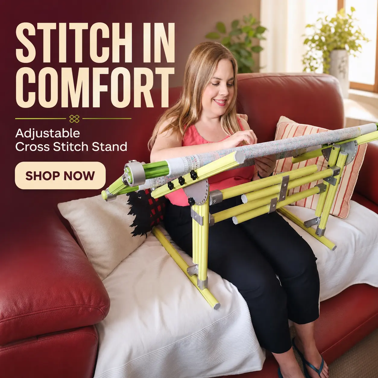 2-in-1 Aluminum Cross Stitch Frame Stand for Bed & Table – Adjustable Height 25–55cm / 9.84–21.65 inches, Width 42–80cm / 16.54–31.50 inches, 180° Rotating Scissors Holder