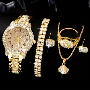 6 pcs/set WOMEN'S luxury watch rhinestone quartz watch HipHop fashion analog Wrist Watch & Jewelry set gift for mom her