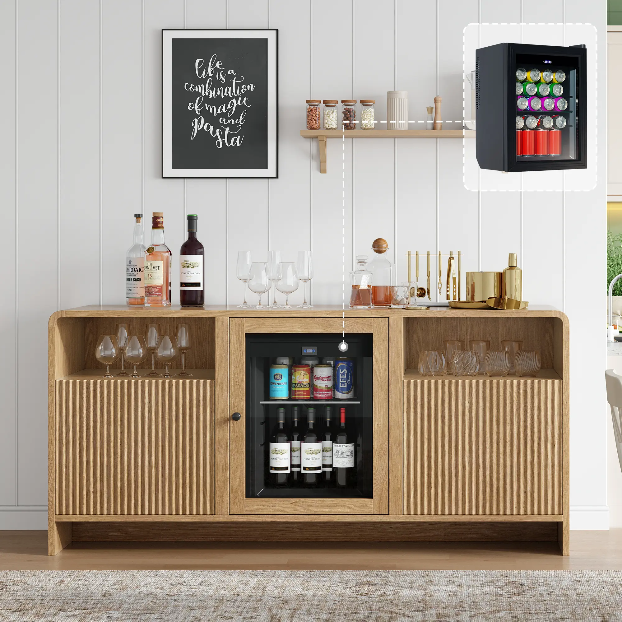 [Summerwins]AMERLIFE 60" All-in-One Coffee Bar Cabinet with Refrigerator(Refrigerator Included), Storage Cabinet with Waveform Fluted Door, Hidden Refrigerator for Kitchen, Dining Room, Living Room,