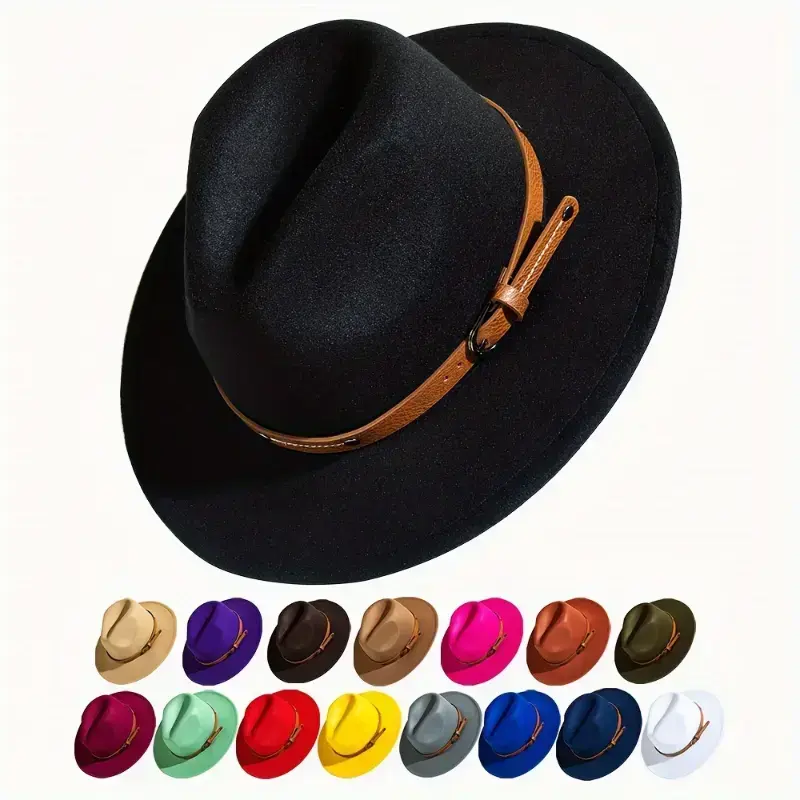 Unisex Wide Brim Fedora Hat with Removable Belt Buckle, Vintage Style Trilby Cap, Fashion Accessory for Men and Women in Multiple Colors Unisex Wide Brim Fedora Hat with Removable Belt Buckle, Vintage Style Trilby Cap, Fashion Accessory for Men and Women in Multiple Colors