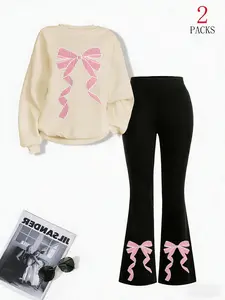 Women's Two-Piece Set, Style, Loose Casual Round Neck Long Sleeve Top, Bow Print Bowknot Fashion, Slim Fit Flared Bell Pants