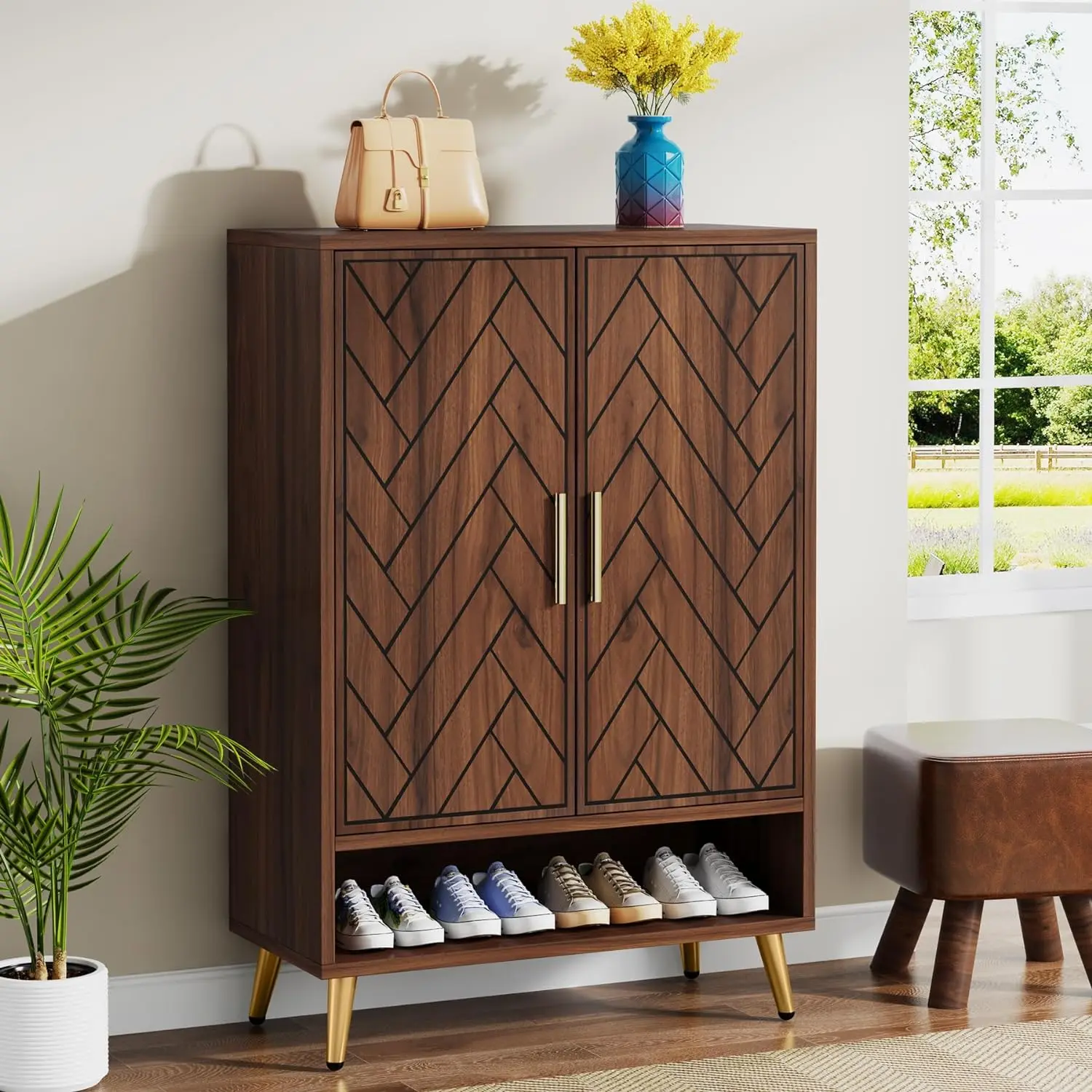 LITTLE TREE Walnut Shoe Cabinet with Doors, 6-Tier 24 Pairs Shoe Storage Cabinet with Adjustable Shelves for Entryway