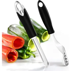 Jalapeno Pepper Corer & Zucchini/Cucumber Corer, Set of 2,    Core Deseeder Kitchen Tool with Serrated Slice and Rubber Handle, Easy for Seed Remover or Slice off Vegetables tops