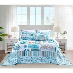 HZ & HY Coastal Oversized King Bedspread Extra Wide, Lightweight Beach Bedding Nautical Quilt, Real Stitching, Reversible, 6 Piece, 100% Microfiber bedspread coverlet guest room