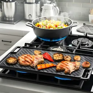 MGKKT Reversible Pre-Seasoned Cast Iron Griddle Plate - Sturdy Thick Black Grill Pan with Oil-Pre-Coated Handles, for Gas Stovetop & Outdoor Charcoal Barbecue, Compatible with Open Fire, Oven & Portable Wood Burning Stove, Deep Fryer Rack