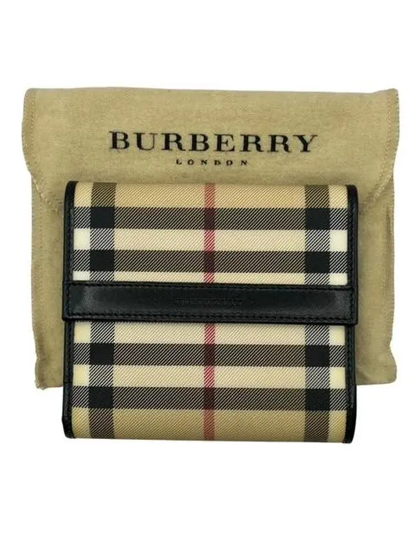 Pre-owned BURBERRY Canvas Wallet Coated Nova Check W/ Black Leather Trim Perfect For Daily Use