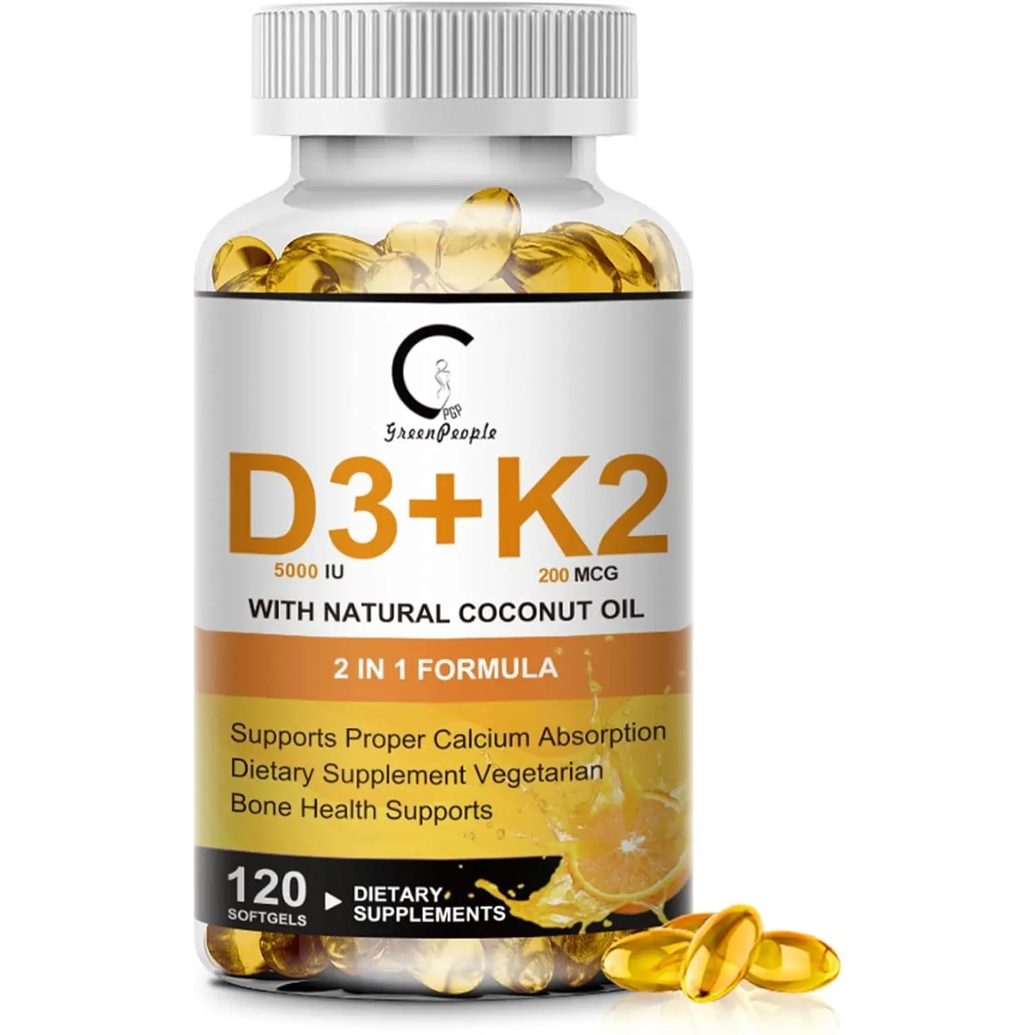 Vitamin D3 K2 Supplement with Vitamin D3 5000 IU, 200 mcg Vitamin K2 MK-7 & Natural Coconut Oil, Plant Based 2-1 Formula for Bone, Teeth, Muscle and Immune Health Support,120 Softgel Capsules