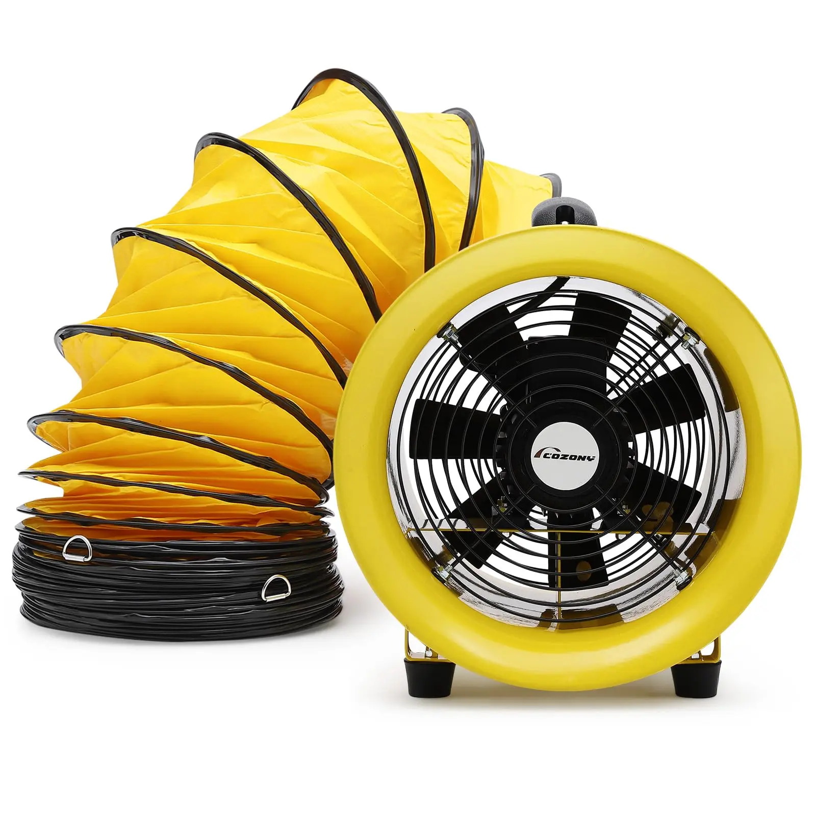 GARVEE Blower Fans: Heavy Duty 8" & 10" Models with 195W or 380W Power, 1070 CFM or 1893 CFM Airflow, Includes 16.4 FT or 33 FT Duct Hose for Efficient Ventilation at Home or Job Sites, Durable Yellow Design.