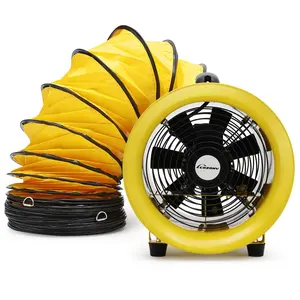 GARVEE Blower Fans: Heavy Duty 8" & 10" Models with 195W or 380W Power, 1070 CFM or 1893 CFM Airflow, Includes 16.4 FT or 33 FT Duct Hose for Efficient Ventilation at Home or Job Sites, Durable Yellow Design.