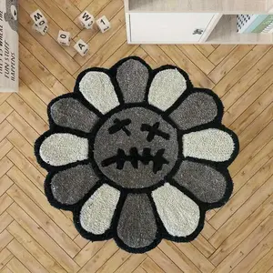 Round floral smiling face rug, gothic decorative rug, Floral Rugs, creative floral pattern mat, Christmas gift, soft and fluffy velvet entrance rug, suitable for living room, bedroom, cloakroom and leisure area, Home Decor