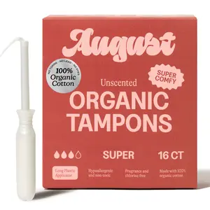 August Super Tampon Zero-Feel Organic Cotton Hypoallergenic & Unscented 16 Count Long BPA-Free Plastic Applicator