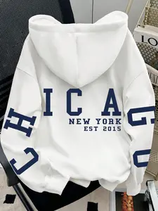 Women's Chicago Letter Hoodie, Fashionable Streetwear, Casual Fitted Long Sleeves Graphic Sweatshirt, Vintage Youth Style, All Seasons