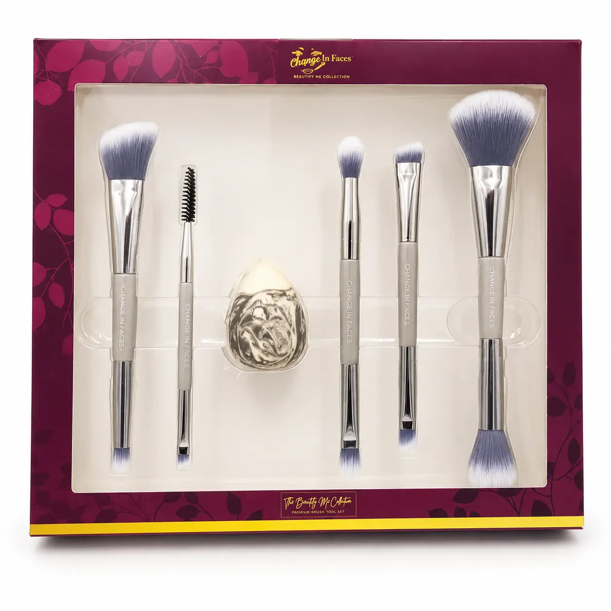 Change In Faces Beautify Me Collection 6-Piece Dual-End Makeup Brush Set with Blending Sponge Aluminium