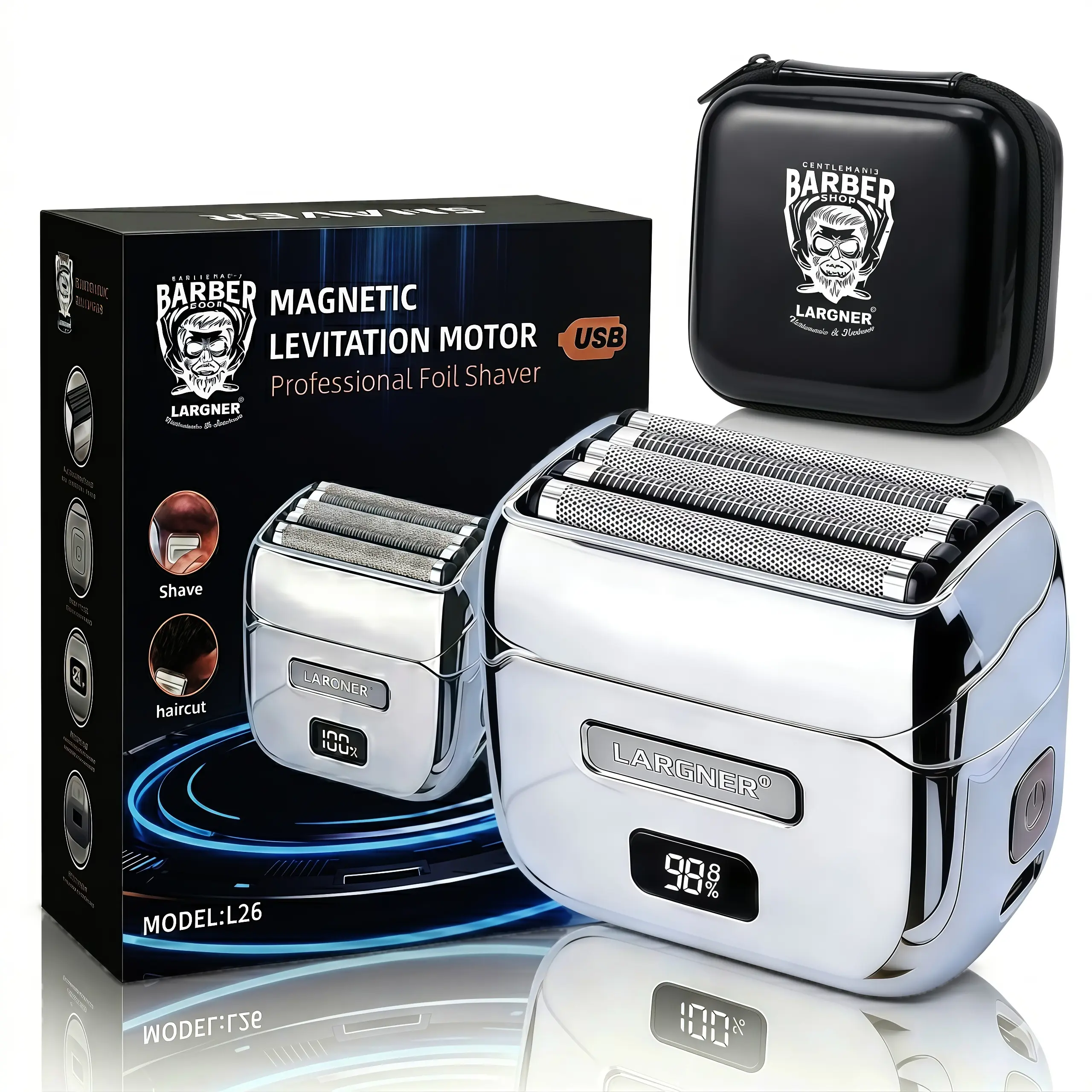 LARGNER Men's Professional 5-Blade Smooth Foil Shaver with Magnetic Levitation Motor, USB-Rechargeable Barber Trimmer for Face/Body, Haircut Capability, LED Power Display, Portable Storage Case Included, Face/Body/Hair