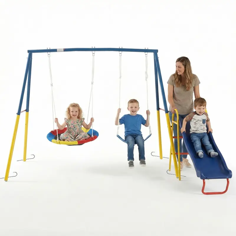 Mersco Heavy-Duty Metal Unisex Child Playground Swing Set - Outdoor Play Equipment, 440lbs Capacity, 32in Saucer, 26.2in Belt Seat, Ultra-Safe Frame, Carabiner Design, Pre-Drilled for Easy Assembly, Powder-Coated Finish, Swinging Toy for Backyard Friends