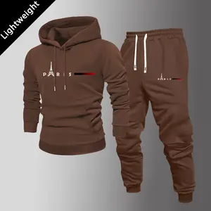 Men's regular fit, stylish casual hooded sweatshirt and trousers set. Features a kangaroo pocket and hoodie design, suitable for outdoor sports, casual street style, running, camping, and is a lightweight two-piece outfit.