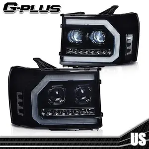LED Strip Tube Projector Smoked Headlights Fits For 07-13 GMC Sierra 1500 2500HD G-PLUS