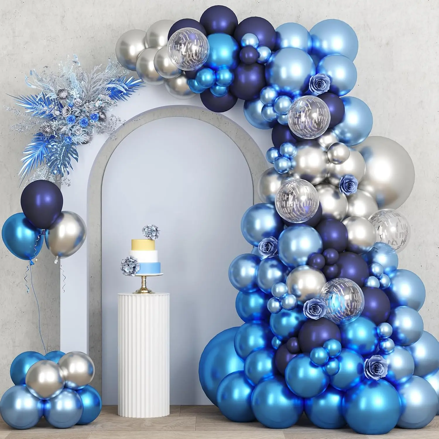 87-Piece Sparkle Effect Metallic Blue & Silver Garland Arch Set - 18in,12in,10in & 5in Confetti Mix Latex Quality Paper Balloons, Balloon Arch Backdrop for Party Decor, Anniversary