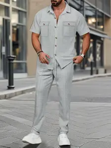 Two-Piece Set Men's Solid Color Double Pocket Collar Shirt & Belt Trousers, Regular Fit Casual Comfy Short Sleeve Top & Slanted Pocket Trousers, Men's Summer Clothes