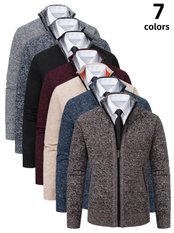 Men's Zip-Up Stand Collar Knit Cardigan Jacket - Thick Fleece-Lined, Soft Stretch, Regular Fit Menswear Top - Long Sleeve, Plain, Casual, Warm, Windproof Fall Winter Outerwear for Office Daily Use Coats