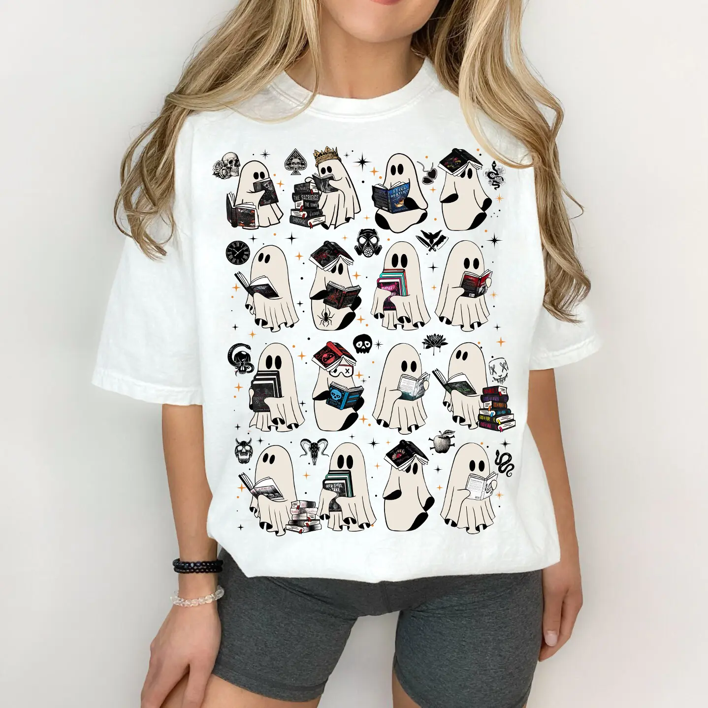 Women's Polyester Blend Crew Neck Graphical Print Loose Cut T-Shirt - Ghosts Dark Romance Series, Haunting Adeline, Lords Series, Legacy Of Gods, Devil's Night, Librarian Halloween Tee, Machine Washable