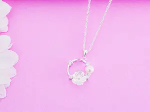 White Zirconia Flower and Pearl Circle Pendant Solid Silver .925