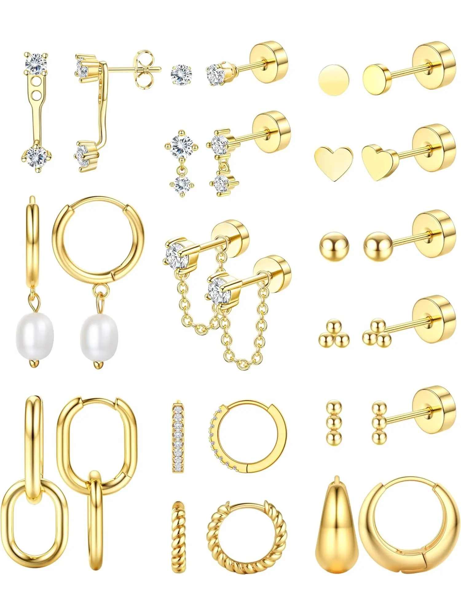 Golden Women's Earrings: Hypoallergenic Cartilage Earring Set, Earring Stacking Set, suitable for multiple piercings. Hoop earrings that are lightweight and stackable. Small cubic zirconia faux pearl studs and hoops in golden. Heart Shaped Earrings