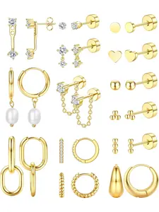 Golden Women's Earrings: Hypoallergenic Cartilage Earring Set, suitable for multiple piercings. Stylish hoop earrings that are lightweight and stackable. Adorable small cubic zirconia faux pearl studs and hoops in golden or silvery. Heart Shaped Earrings
