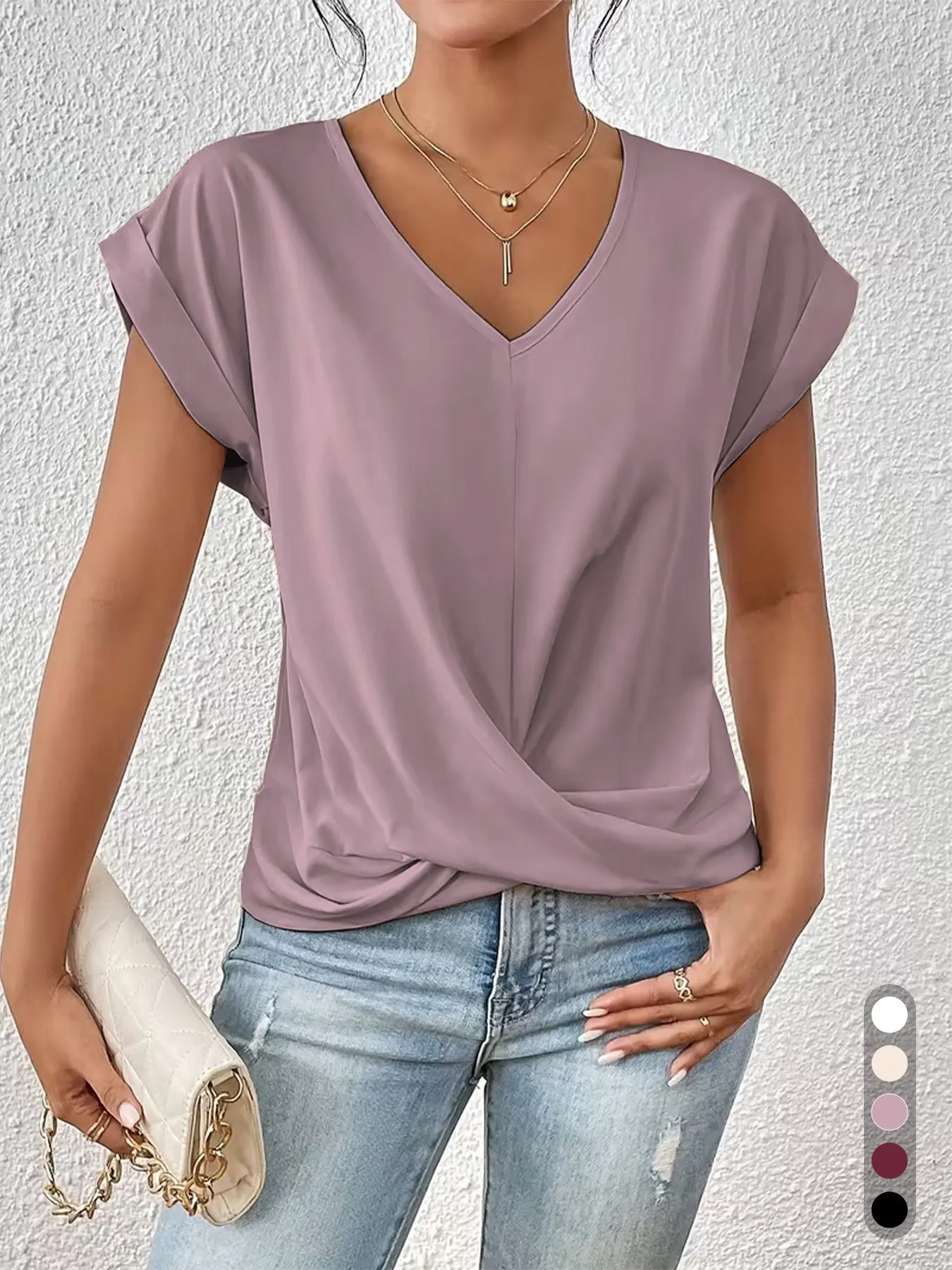2026 Women's V Neck Twist Front Blouse, Sexy Ruched Waist, Short Sleeve, Casual Top, Minimalist, Fitted, Tummy Control, Leg-Lengthening, Office Shirt, Blouses Shirts Tops