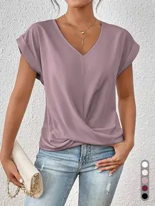 2026 Women's V Neck Twist Front Blouse, Sexy Ruched Waist, Short Sleeve, Casual Top, Tummy Control, Leg-Lengthening, Office Shirt