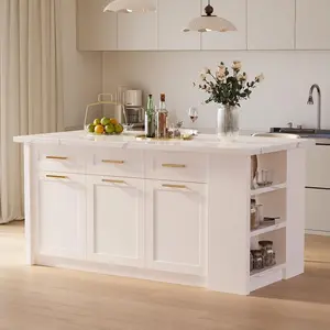 Homary 72-inch Large Kitchen Island with Storage White Modern Cabinet 3 Drawers 5 Shelves Stainless Steel Laminate Countertop for Dining Room