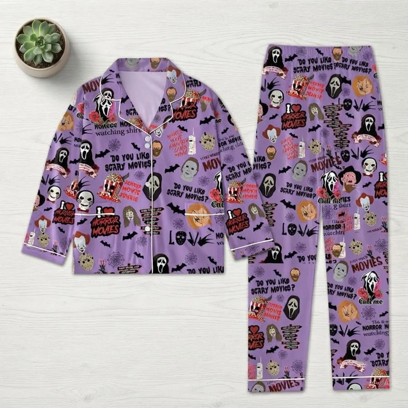 Purple Horror Movie Characters Halloween Matching Pajamas Set
