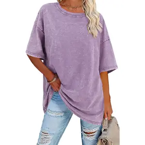 230g Solid Color Summer Pure Cotton Vintage Washed Cotton Short Sleeve T-Shirt for Women, Suitable for Everyday Wear Top Womenswear Crewneck