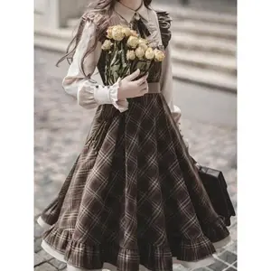 Trend Her Wardrobe Fake Two-Piece Dress for Women Long Skirt Slim Fit Waist Cinching Vintage Lolita Plaid Bow New Korean Style Fashion Winter 2025 Casual Chic Faux Beige Sleeveless milkmaid dress homecoming dresses birthday dress