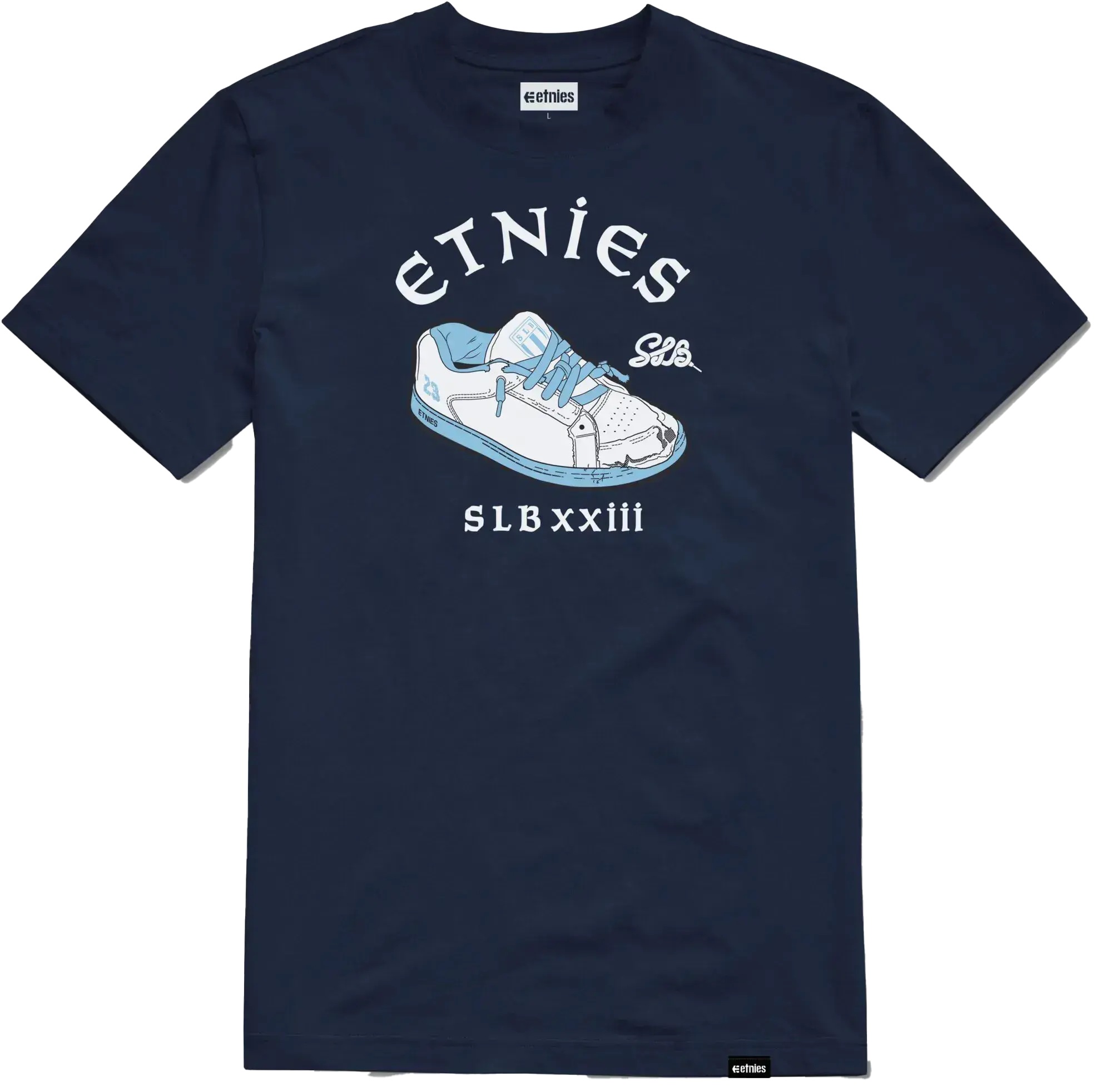 ETNIES SLB TEE Navy Blue 100% Cotton Combed Jersey Double Needle Stitching Taped Seams Graphic Tee