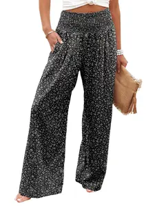 Women's All Over Print Shirred Wide Leg Pants, Boho Casual Comfy Trousers for Daily Holiday Vacation Wear, Women Bottoms for Summer, Bohemian
