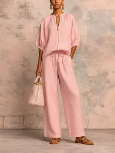 Two Piece Set Women 2026 Spring – Zip Up Crew Neck Top & Wide Leg Pants, Casual Athleisure Matching Set, Comfy Travel Airport Outfit, Plus Size Friendly