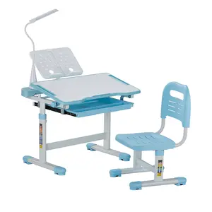 VEVOR Kids Study Chair and Desk Set, Study Desk and Chair for Kids with Table Lamp, Adjustable Height & 0-40° Tilted Desktop Kids Desk and Chair, Children Study Table for Bedroom & Study Room, Blue