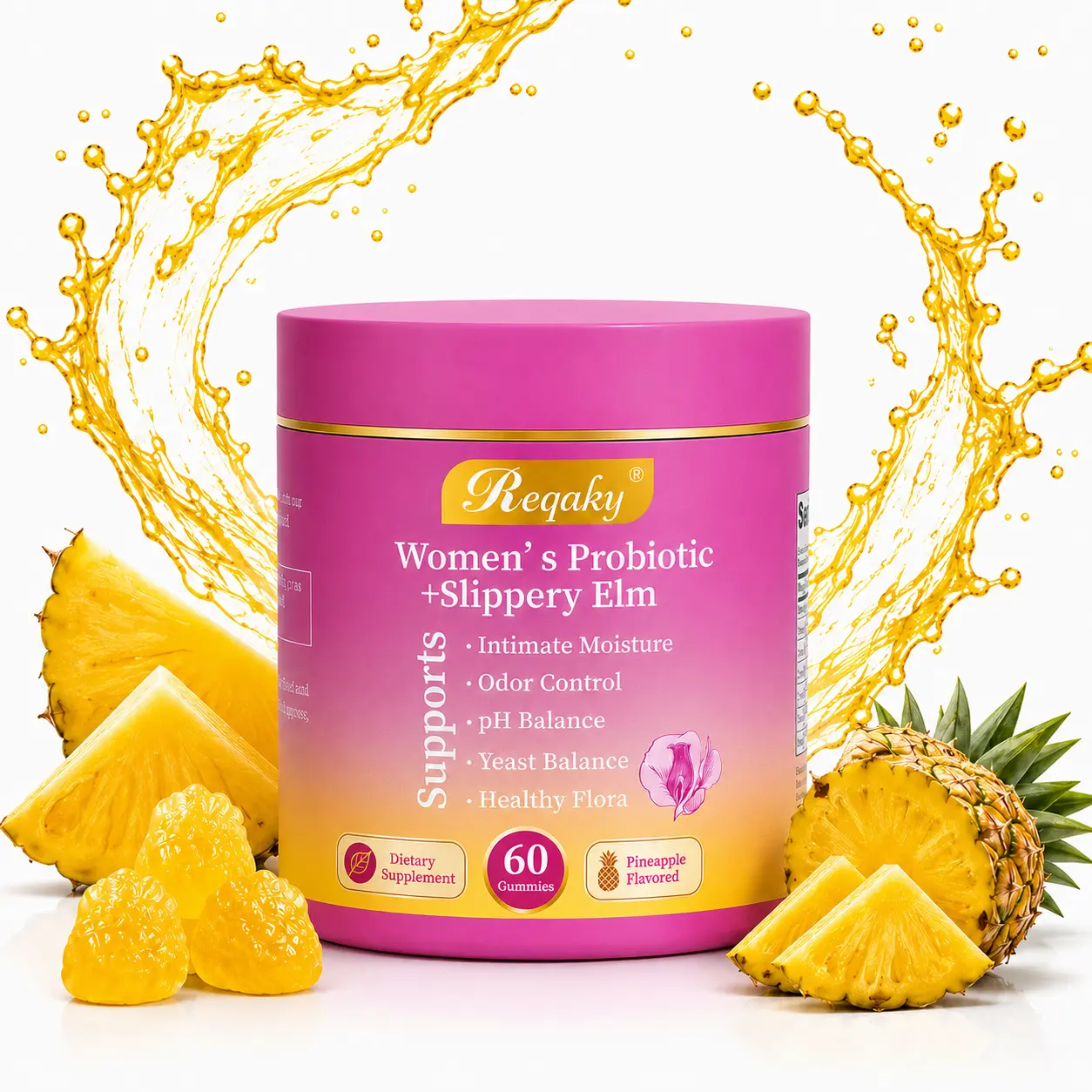 Her Juicy Women's Probiotic Gummies with Prebiotics, Slippery Elm & Lactobacillus Blend, pH Balance Support, Hawaiian Pineapple, 60 Count Healthcare