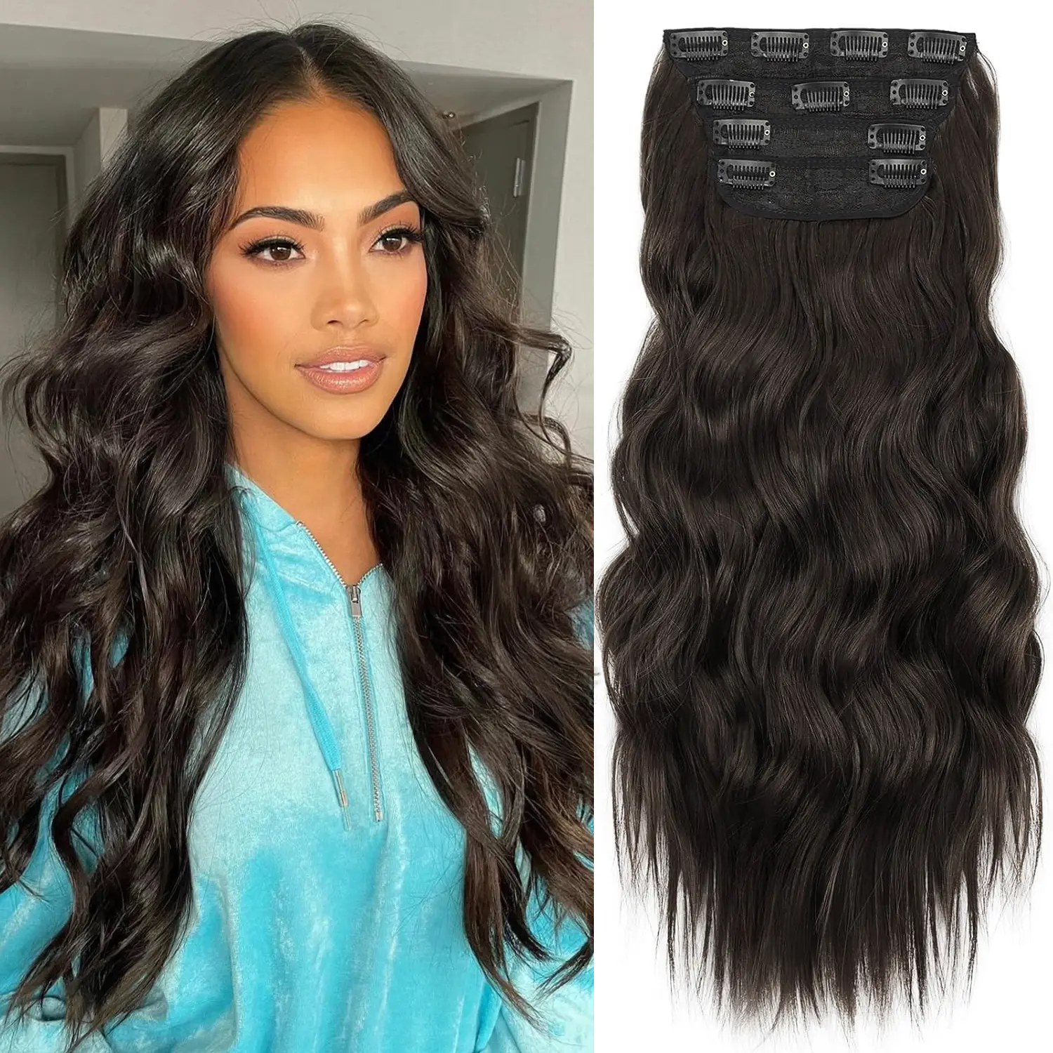 Women's 4PCS 20-Inch Synthetic Clip-in Hair Extensions, Natural Curly Wave Texture, Gentle-Grip Bb Clips, Comfortable Wear, Natural Black Pink Fashion Hairpieces