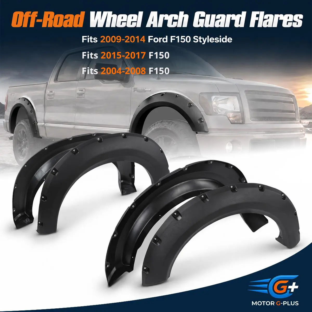 Fits 2004-2009/2009-2014/2015-2017 Ford F150 Styleside Trucks MOTOR GPLUS 4PC Black Rivet‑Style Polypropylene Fender Flare Tire Guards - Over 2" Off‑Road Accessories, Protector with Necessary Mounting Hardware, Enhanced Durability/Flexibility/Strength