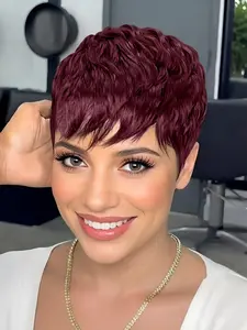 Short Straight Layered Human Hair Wig for Women, Natural Looking Wig, Stylist Friendly Wig, Natural, Daily Party Cosplay Gift Use, Pixie Cut, Burgundy Machine Made