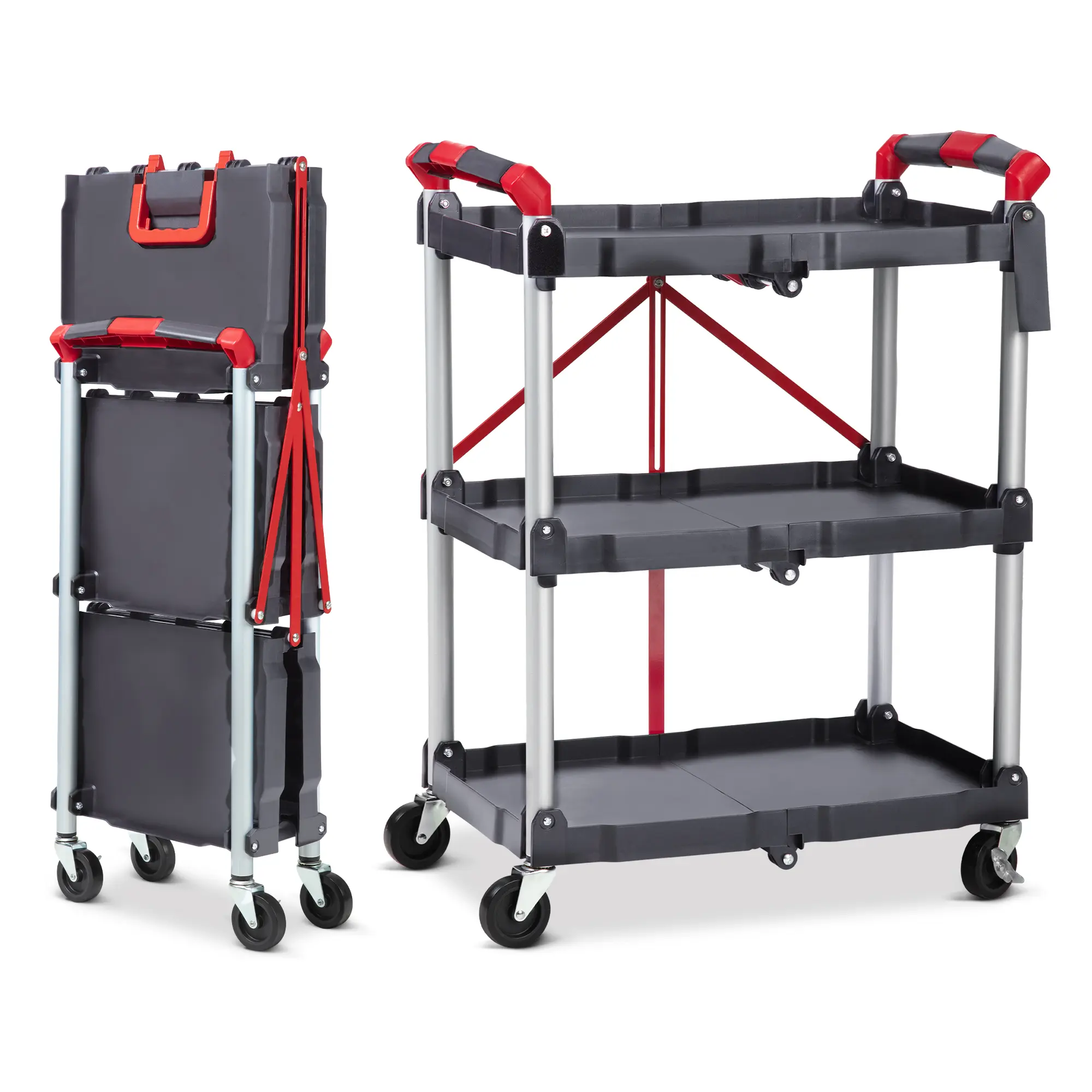 3 Tier Portable Folding Service Cart with Wheels 150lbs Load Capacity Foldable Utility Cart Collapsible Rolling Carts for Home Office Kitchen Garage