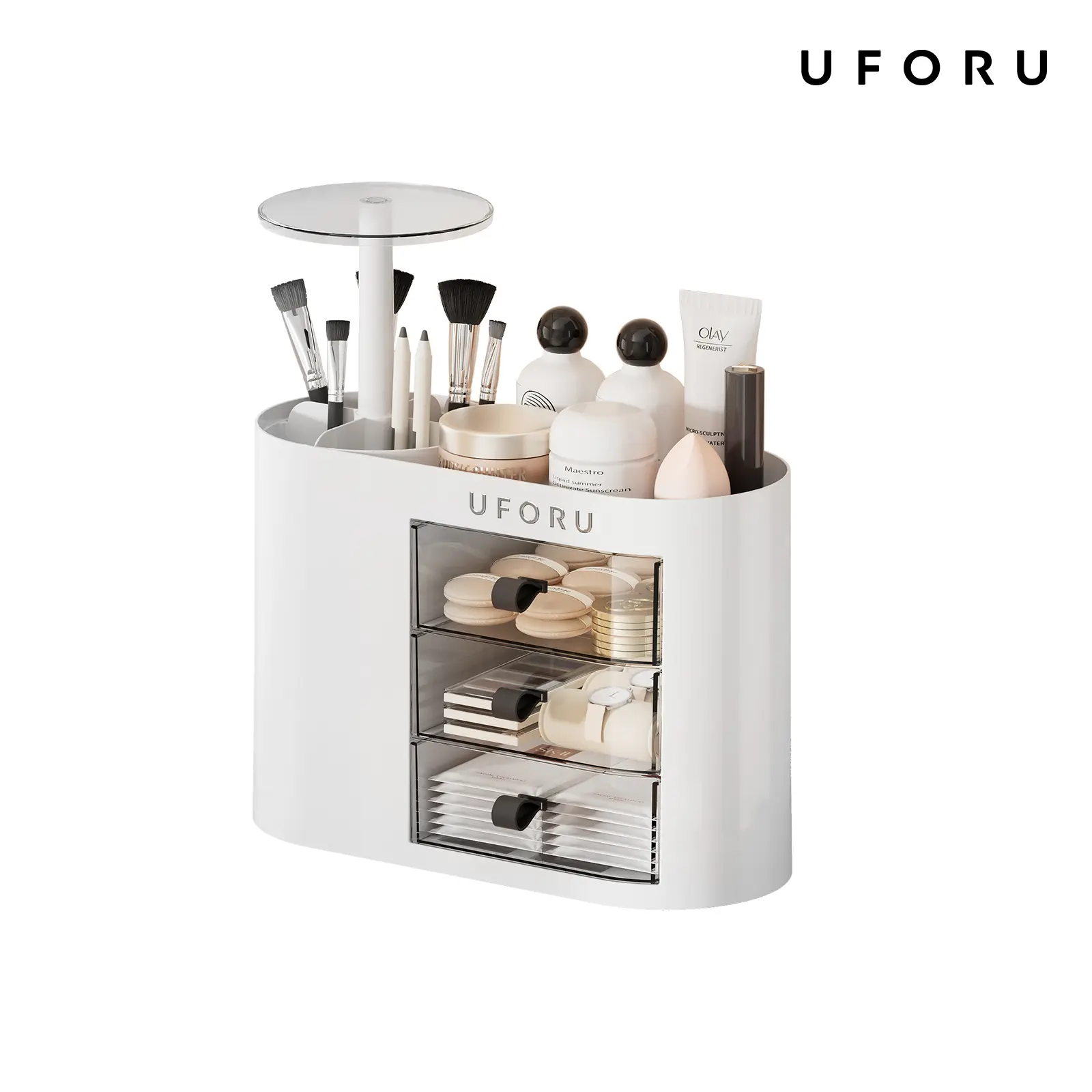 UFORU Makeup Organizer with Drawers for Vanity, 4 Slot Brush Holder with One Touch Open,Spacious Cosmetic Storage for Dresser Vanity and Bathroom Countertop, Beauty Holder for Lipstick Skincare,White Boxes, jewelry organizer