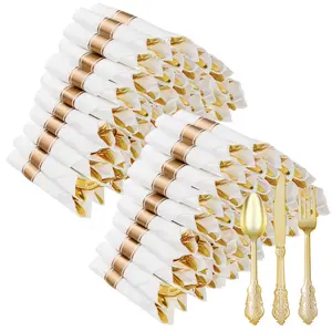 100 Pack Heavyweight Gold Plastic Silverware Set 300 Cutlery & 100 Pre-Rolled Napkins for Wedding Party Christmas Anniversary Decorations Supplies - Disposable Plates