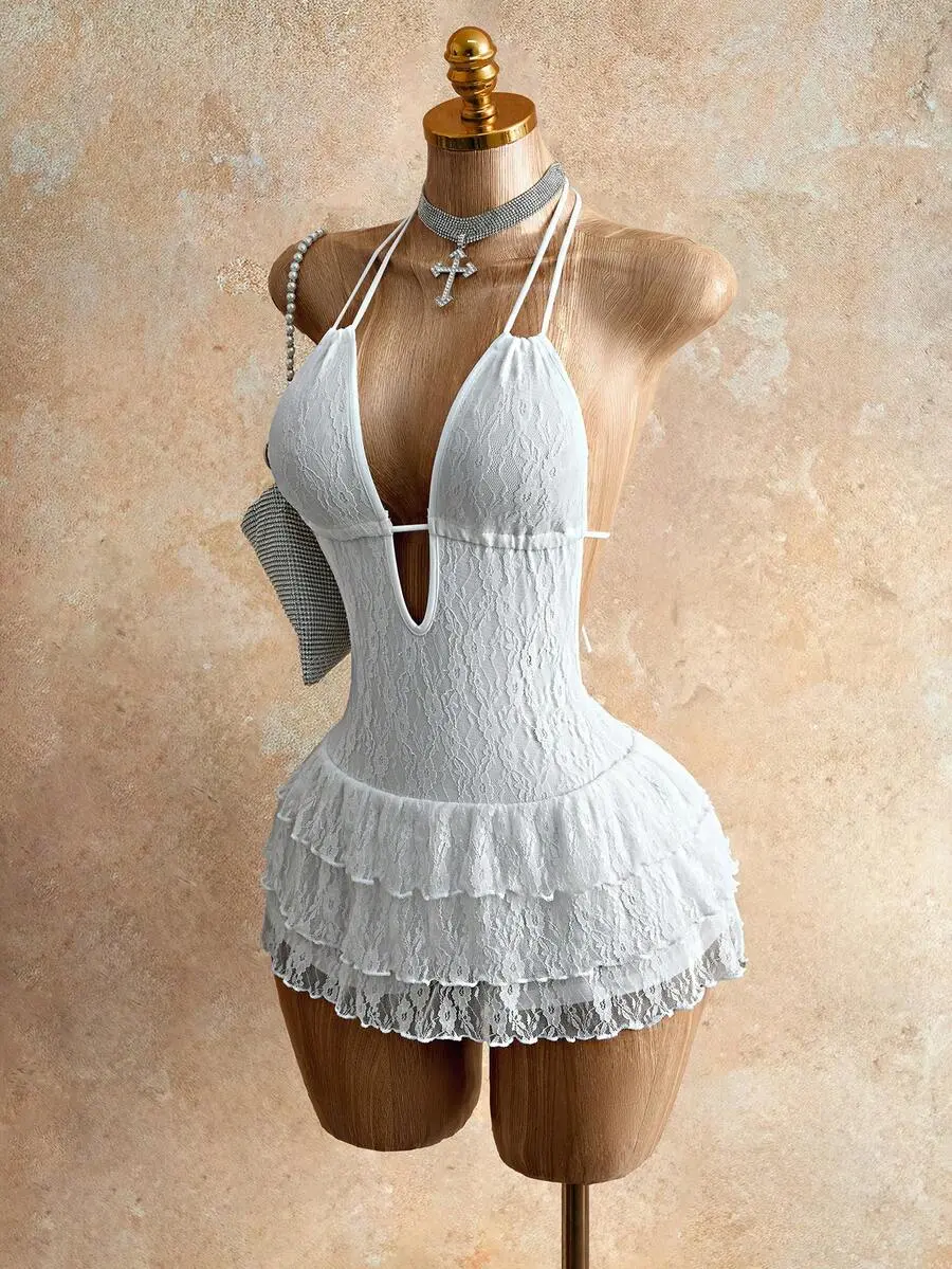 Women's Lace Patchwork Halter Backless Jumpsuit White for Holiday Beach Outfits 70s Style Elegant Summer Dress