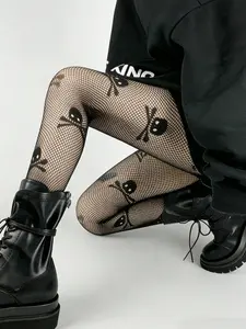 Women's Gothic Skull Pattern Stockings, Sheer Fitted Fishnet Pantyhose, Punk Streetwear, Halloween Costume, Y2K Style