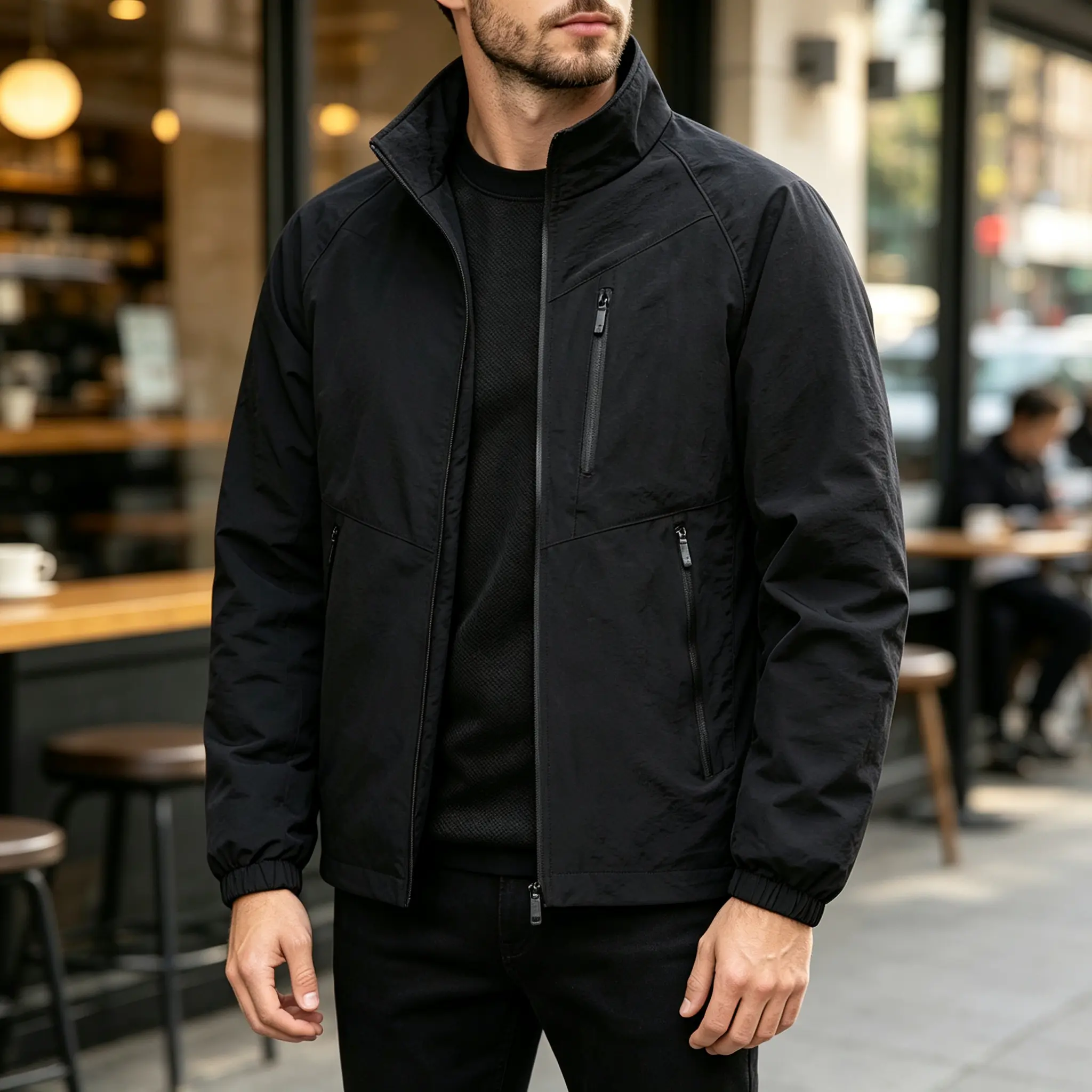 Men's Dark Gray Polyester Casual Stand-Collar Jacket - Menswear Tops Coats for Spring & Autumn, Plain Style for Young Adult Business-Casual Gentlemen