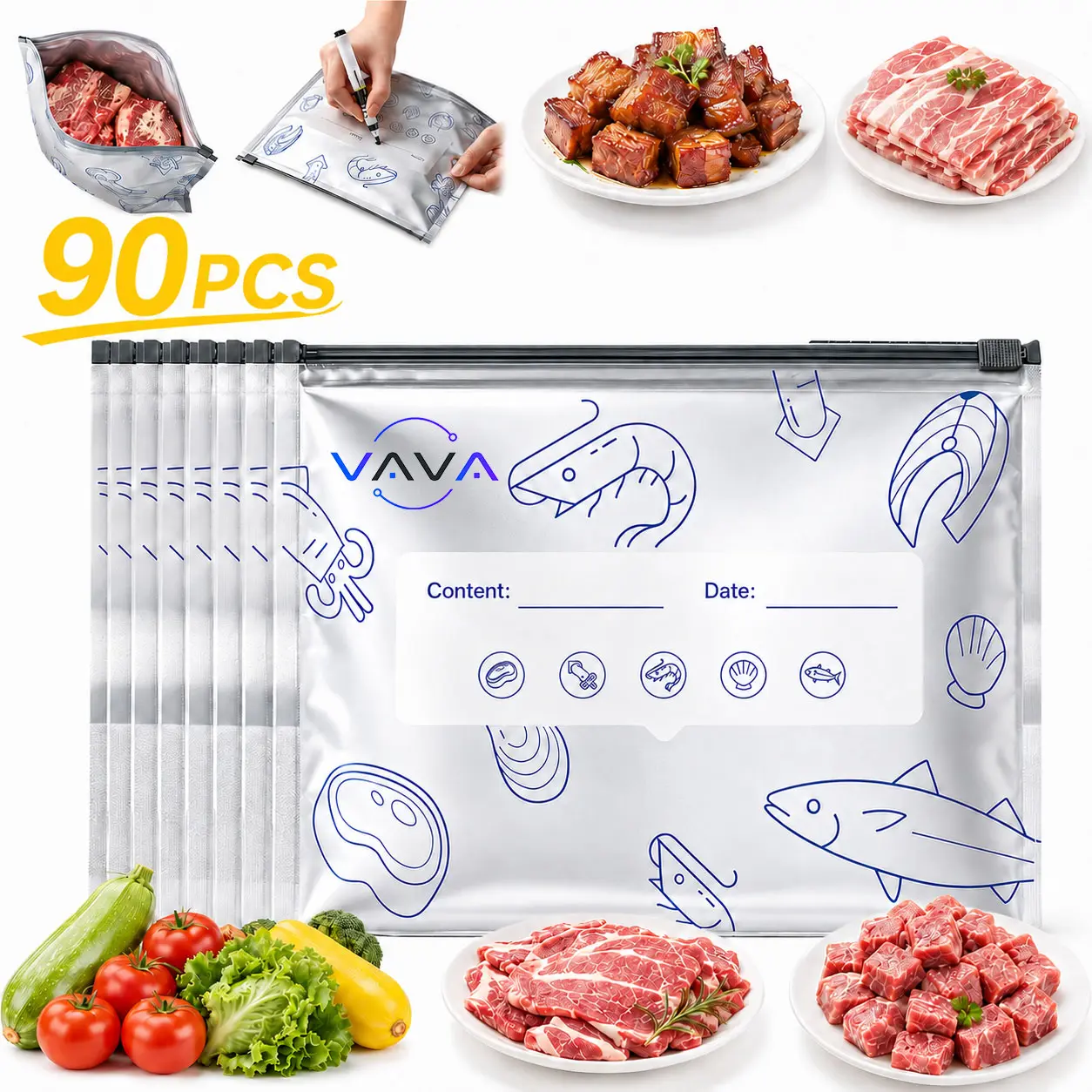 90 PCS Reusable Aluminum Foil Sealable Storage Bags(3 Size),2026 New Resealable Vacuum Zipper Pouches for Food, Stand Up Foil Sealable Bags with Label and Zip Lock for Vegetable Fruit Meat